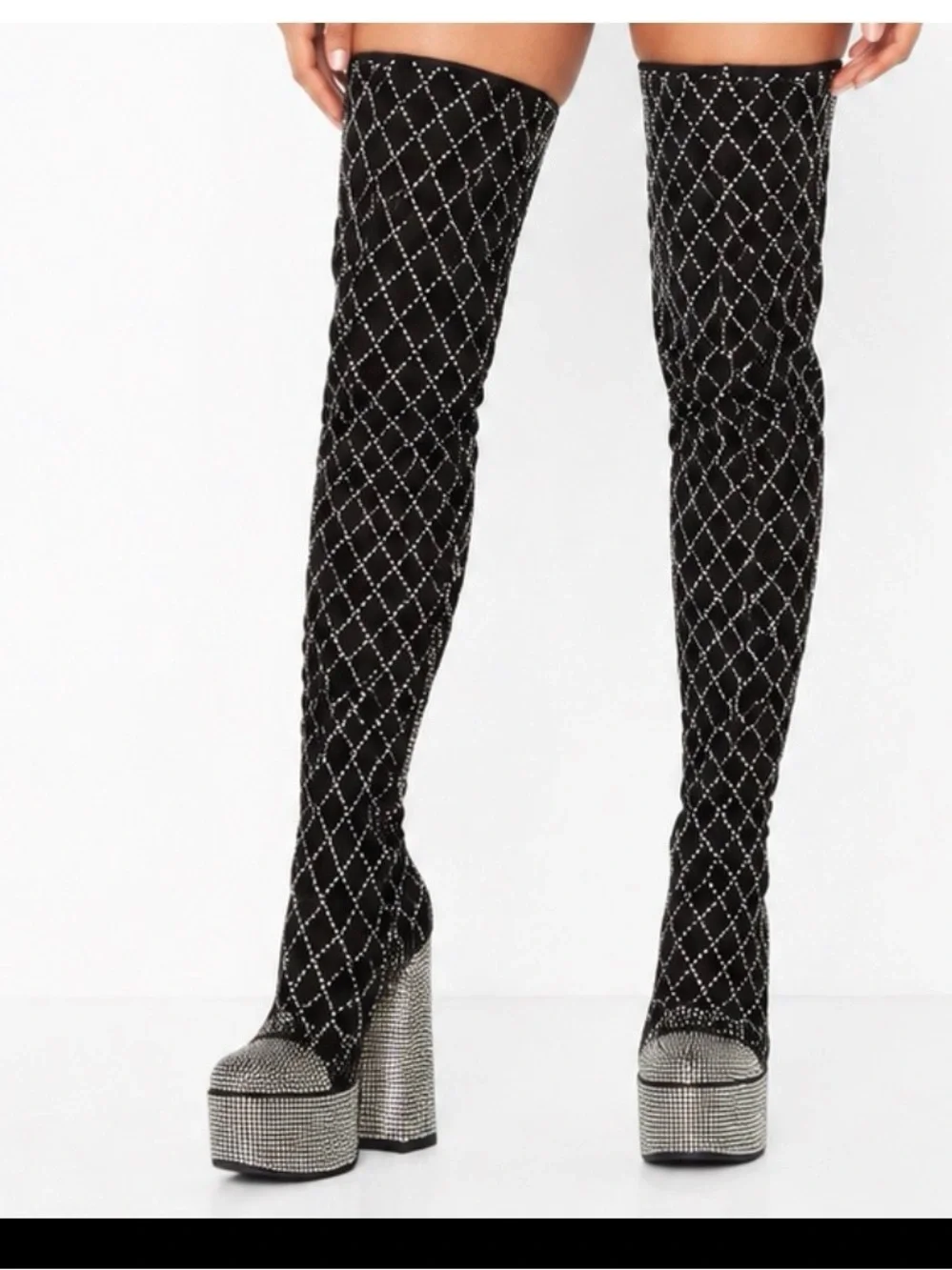 Gorgeous Black Crystal-Studded Over-the-Knee Platform Boots